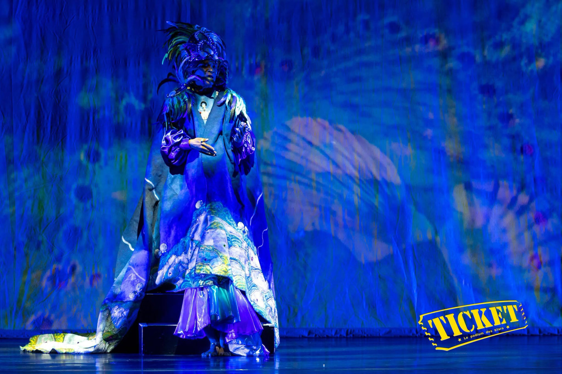 A performer in an ornate blue feathered costume under deep blue light